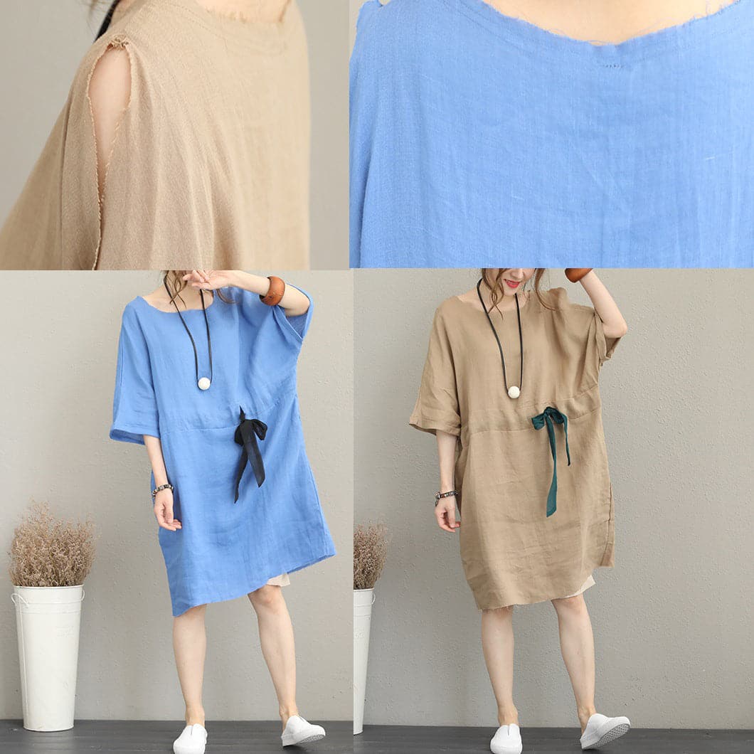 Robe mi-longue en lin bleu fin, robe oversize en lin, taille fine, cordon de serrage, manches bracelet, robes au genou