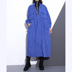 Manteau long bleu fin grande taille Trench-coat zippé boutique à manches longues poches manteaux longs amples