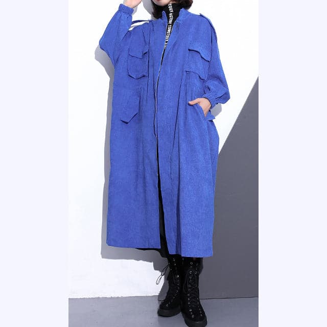 Manteau long bleu fin grande taille Trench-coat zippé boutique à manches longues poches manteaux longs amples