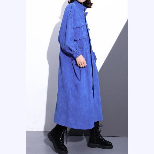 Manteau long bleu fin grande taille Trench-coat zippé boutique à manches longues poches manteaux longs amples