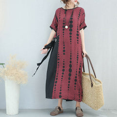 Fine burgundy linen caftans plus size dotted linen clothing dress 2018 patchwork linen caftans