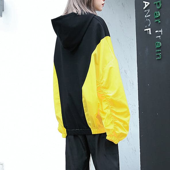 Hauts jaunes fins à capuche oversize patchwork décontracté boutique manches chauve-souris hauts amples