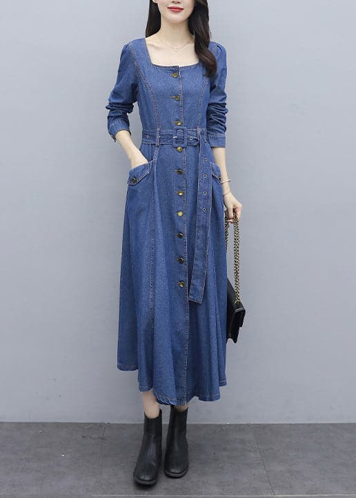 Fitted Blue Square Collar button Sashes pocket Cotton denim Dress Long Sleeve