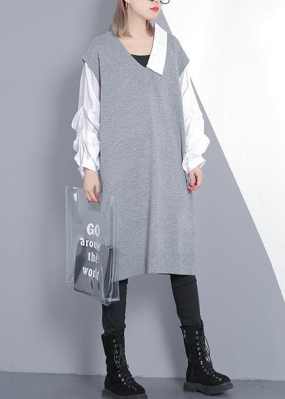 For Spring patchwork Puff Sleeve Sweater weather plus size gray Mujer knit dress