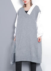 For Spring patchwork Puff Sleeve Sweater weather plus size gray Mujer knit dress