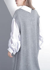 For Spring patchwork Puff Sleeve Sweater weather plus size gray Mujer knit dress