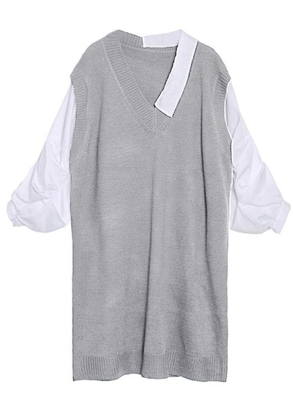 For Spring patchwork Puff Sleeve Sweater weather plus size gray Mujer knit dress