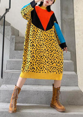 Pour le travail, robe pull jaune, design patchwork, robe en tricot hipster de printemps