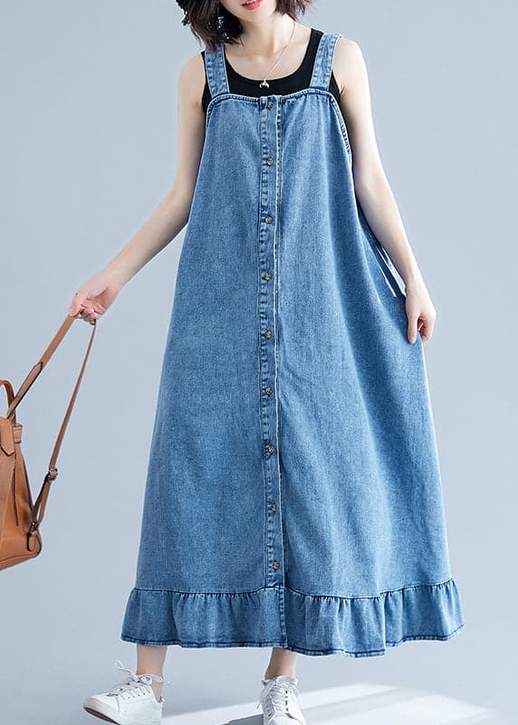 French Blue Ruffles Button Cotton Denim Strap Dress Summer