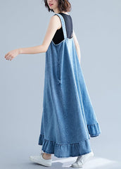 French Blue Ruffles Button Cotton Denim Strap Dress Summer