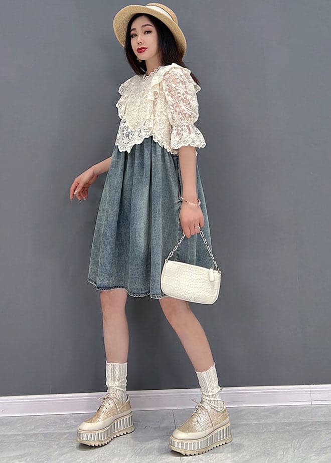 French Blue Stand Collar Hollow Out Lace Patchwork Cotton Denim Mid Dresses Short Sleeve