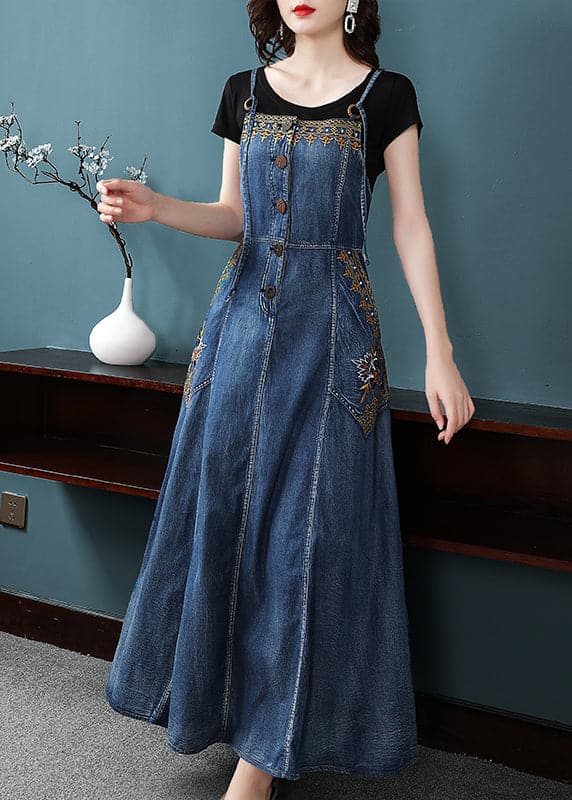 French Denim Blue Embroideried Button Pockets Cotton Spaghetti Strap Dresses Summer