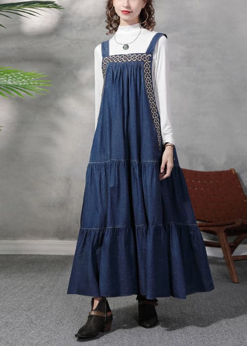 French Denim Blau Besticktes Extra Großes Saum Baumwoll Trägerkleid Sommer