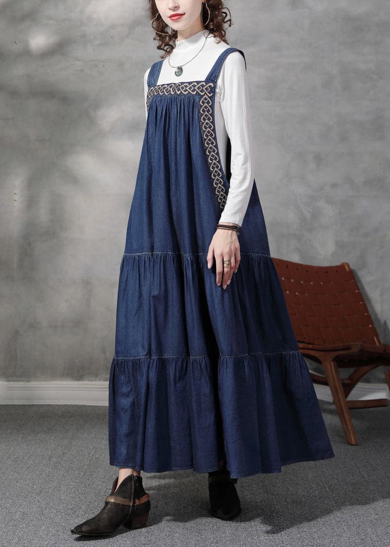 French Denim Blau Besticktes Extra Großes Saum Baumwoll Trägerkleid Sommer