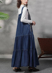 French Denim Blau Besticktes Extra Großes Saum Baumwoll Trägerkleid Sommer