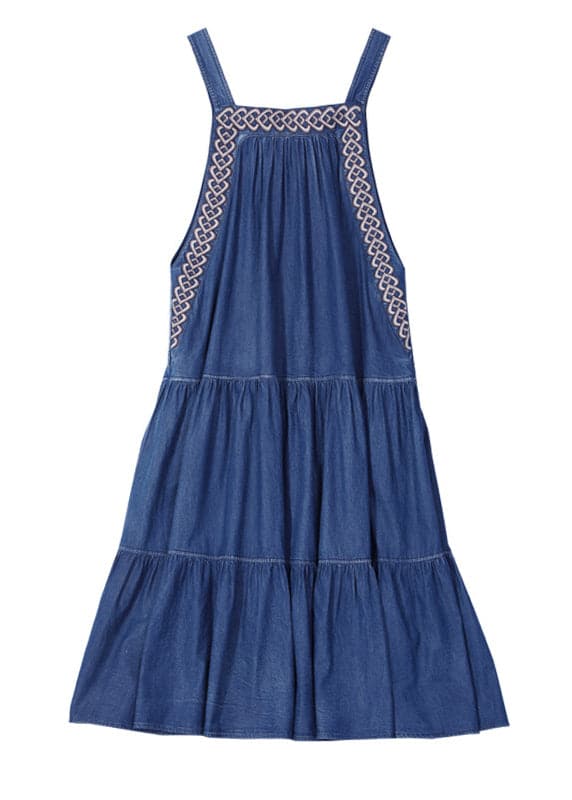 French Denim Blau Besticktes Extra Großes Saum Baumwoll Trägerkleid Sommer