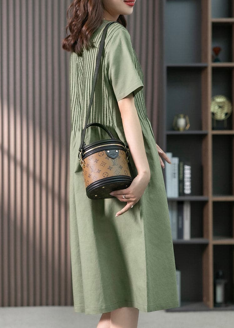 French Green O-Neck Wrinkled Linen Dress Short Sleeve