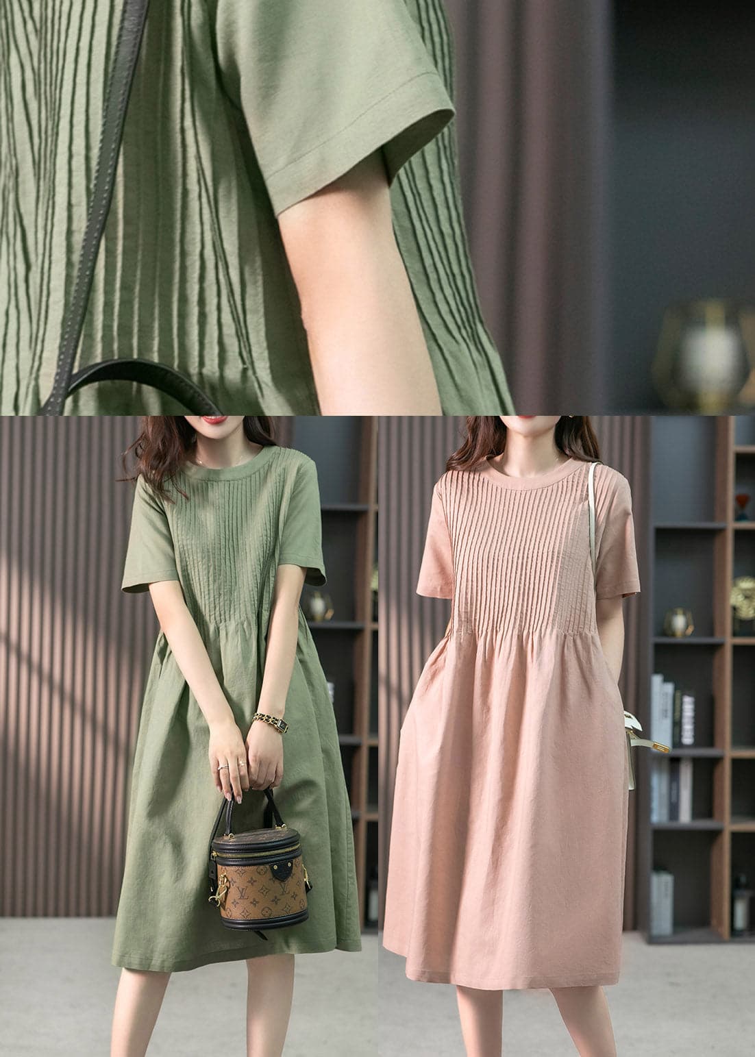 French Green O-Neck Wrinkled Linen Dress Short Sleeve