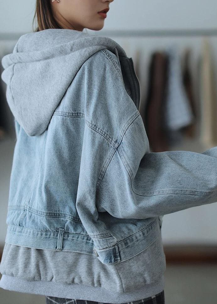 Manteaux fins à capuche français en faux deux pièces pour femmes, manteaux amples bleus en denim