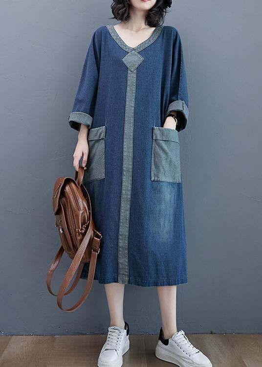 Französisch O Neck Patchwork Frühling Kleider Outfits Denim Blau Robe Kleider