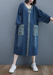 Französisch O Neck Patchwork Frühling Kleider Outfits Denim Blau Robe Kleider