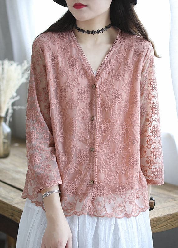 Cardigan ample en coton brodé rose français à manches longues