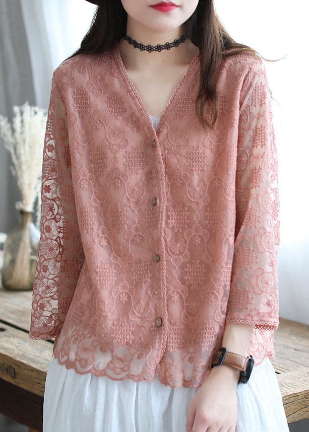 Cardigan ample en coton brodé rose français à manches longues