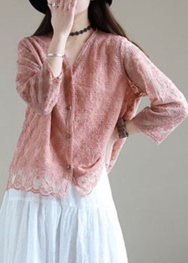 Cardigan ample en coton brodé rose français à manches longues