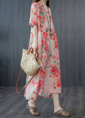 French Red Wrinkled V Neck Floral Linen Long Dress Short Sleeve