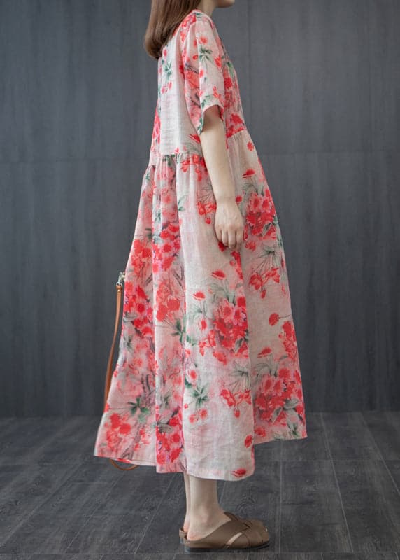 French Red Wrinkled V Neck Floral Linen Long Dress Short Sleeve