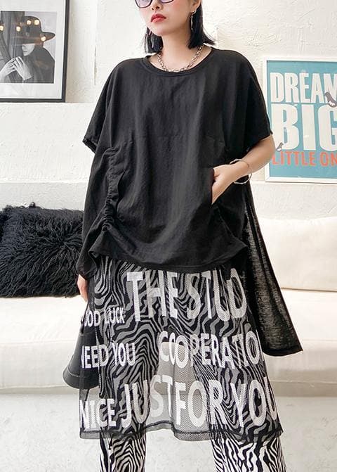 French black Letter Cotton clothes o neck patchwork tulle short Dress