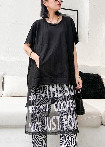 French black Letter Cotton clothes o neck patchwork tulle short Dress