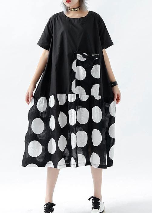 Französisches schwarz gepunktetes Leinen-Baumwoll-Tunika-Oberteil mit Patchwork-Taschen Plus Size Kleidung Sommerkleid