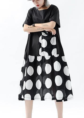 Französisches schwarz gepunktetes Leinen-Baumwoll-Tunika-Oberteil mit Patchwork-Taschen Plus Size Kleidung Sommerkleid