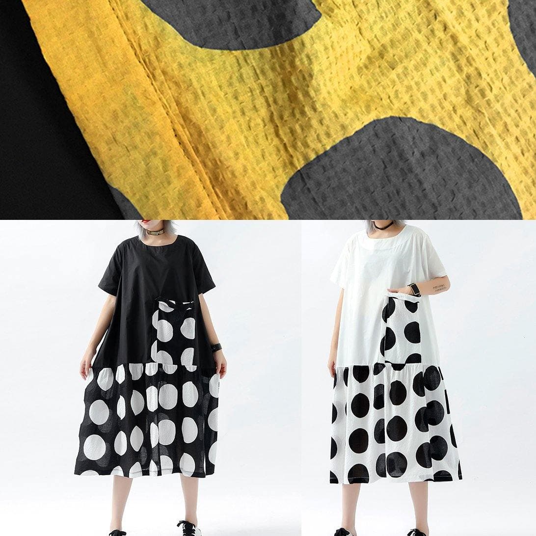 Französisches schwarz gepunktetes Leinen-Baumwoll-Tunika-Oberteil mit Patchwork-Taschen Plus Size Kleidung Sommerkleid