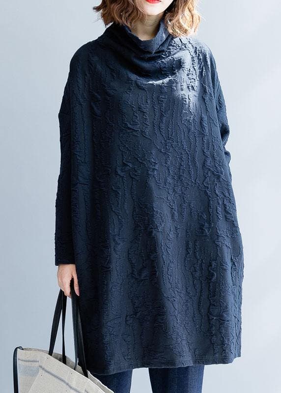 Robe d'automne oversize à col montant en coton bleu français