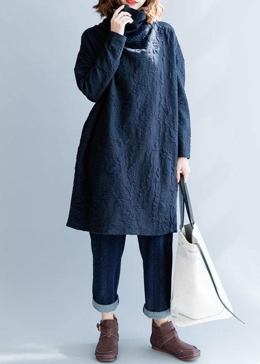 Robe d'automne oversize à col montant en coton bleu français