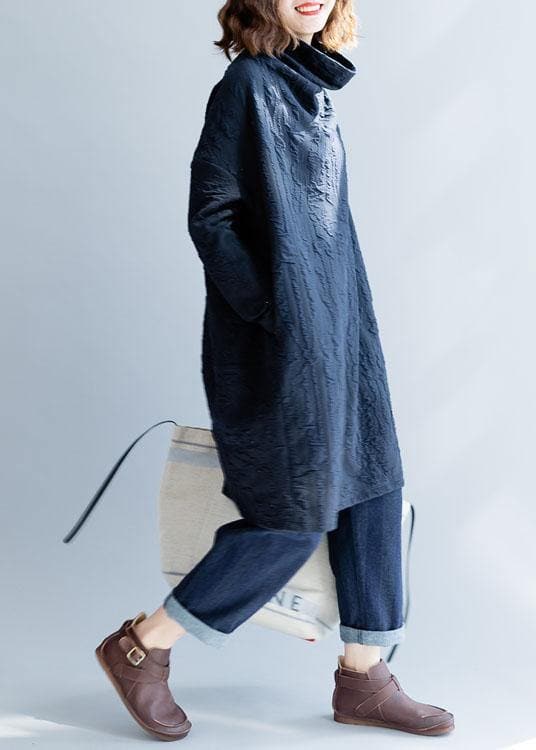 Robe d'automne oversize à col montant en coton bleu français