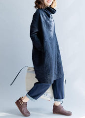 Robe d'automne oversize à col montant en coton bleu français