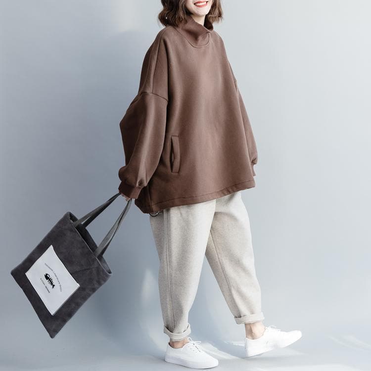 Französische Baumwolle Longshirts Bio High Neck Baggy Nähen braune Tunika