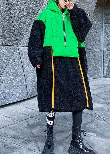 Robe d'automne à capuche et fermeture éclair en patchwork vert français