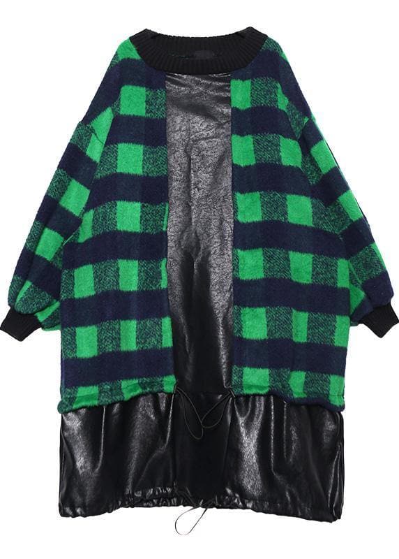 French green plaid cotton clothes drawstring Plus Size patchwork Dress