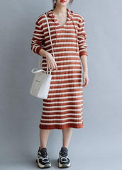 French hooded cotton Tunics Wardrobes red striped loose Dresses fall