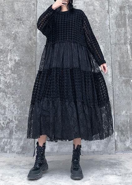 French o neck patchwork lace clothes Women Photography black long Dresses