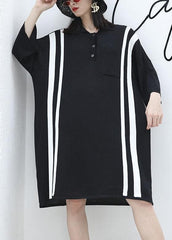 French patchwork big pockets Cotton clothes For Women Neckline black Dress summer