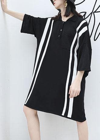 French patchwork big pockets Cotton clothes For Women Neckline black Dress summer