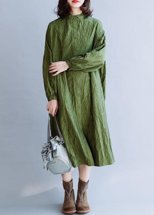 French stand collar Cinched cotton tunics for women Outfits green Dress fall