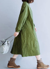 French stand collar Cinched cotton tunics for women Outfits green Dress fall