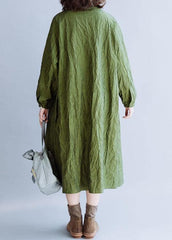 French stand collar Cinched cotton tunics for women Outfits green Dress fall