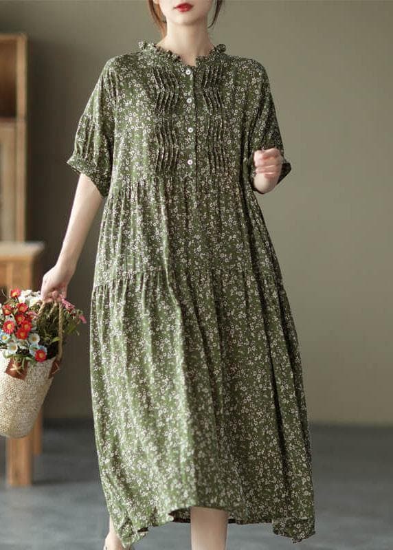 Green Cotton Linen Women Floral Pleated Breasted Short Sleeve Dress